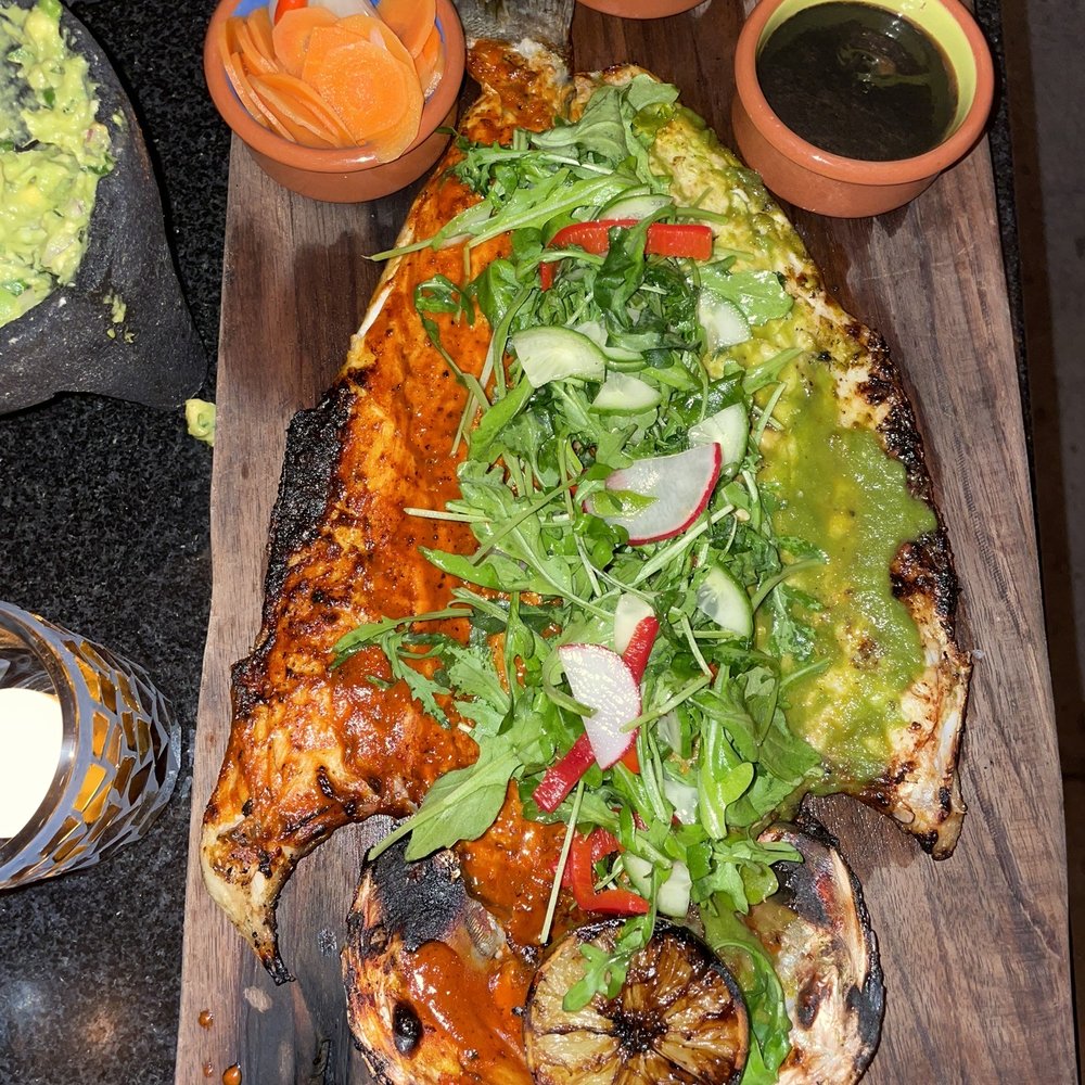 Ka'teen - PESCADO ZARANDEADO whole fish, salsa verde, salsaroja, charred lime, arugula herbsalad, pickled fresnos - Mexican Near Me - Los Angeles, California