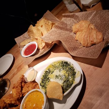 Cheddar's Scratch Kitchen - Trio of appetizers (chicken strips, queso, salsa, and spinach/artichoke dip) plus the honey butter croissants - Comfort Food Near Me - Tucson, Arizona Cheddar's Scratch Kitchen - Trio of appetizers (chicken strips, queso, salsa, and spinach/artichoke dip) plus the honey butter croissants - Comfort Food Near Me - Tucson, Arizona