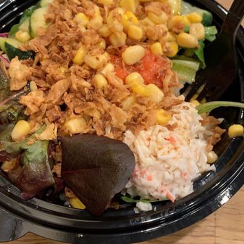 Poke Tiki - Child size with spicy salmon, crab, white rice, salad, corn, cucumber and fried onion. - Seafood Near Me - Costa Mesa, California Poke Tiki - Child size with spicy salmon, crab, white rice, salad, corn, cucumber and fried onion. - Seafood Near Me - Costa Mesa, California
