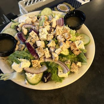 Jimmy D's District - Greek Village Salad with chicken with no tomato. - American Near Me - Arlington Heights, Illinois