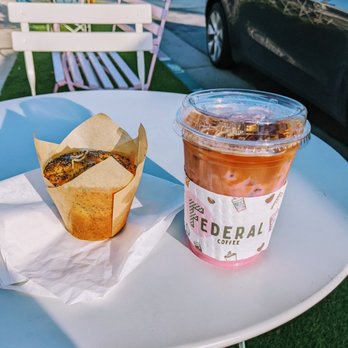 Federal Coffee - Iced Latte and lemon poppyseed muffin. The barista was so nice to inform me that the drink is best mixed after I take the picture :D - Coffee & Tea Near Me - Los Angeles, California