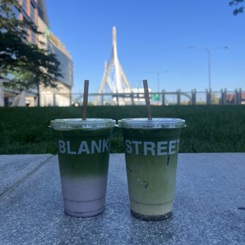 Blank Street - Blueberry Matcha (left) & Cookies & Cream Matcha (right) - Coffee & Tea Near Me - Boston, Massachusetts Blank Street - Blueberry Matcha (left) & Cookies & Cream Matcha (right) - Coffee & Tea Near Me - Boston, Massachusetts