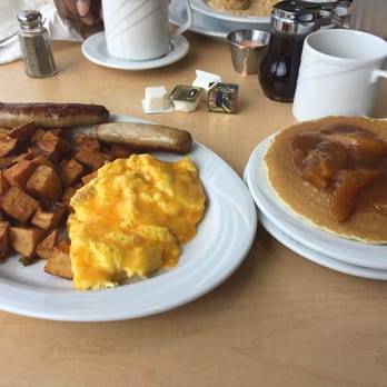 Peach's Restaurant - Peach's special, sausage links, scrambled eggs with cheddar cheese, potatoes, pancakes with Peach Bourbon Compote, Delicious! - American Near Me - Chicago, Illinois Peach's Restaurant - Peach's special, sausage links, scrambled eggs with cheddar cheese, potatoes, pancakes with Peach Bourbon Compote, Delicious! - American Near Me - Chicago, Illinois