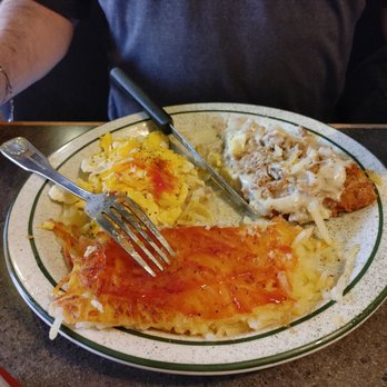 Palace Cafe - Chicken fried steak scrambled eggs with cheese and hash browns. - Breakfast & Brunch Near Me - Ellensburg, Washington Palace Cafe - Chicken fried steak scrambled eggs with cheese and hash browns. - Breakfast & Brunch Near Me - Ellensburg, Washington