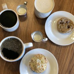 Coffee, chai latte, bacon cheddar, chive scone, choc chip cookie Coffee, chai latte, bacon cheddar, chive scone, choc chip cookie