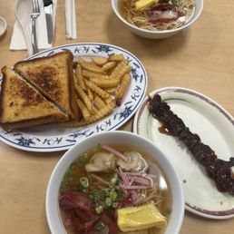 Wonton min, grilled tuna sandwich, Teri beef stick & medium saimin
