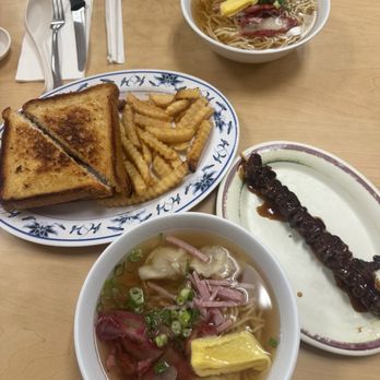 Shiro's Saimin Haven - Wonton min, grilled tuna sandwich, Teri beef stick & medium saimin - Hawaiian Near Me - Aiea, Hawaii