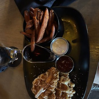 Tap 42 - Kendall - Chicken and waffles with sweet potato fries - New American Near Me - Miami, Florida Tap 42 - Kendall - Chicken and waffles with sweet potato fries - New American Near Me - Miami, Florida