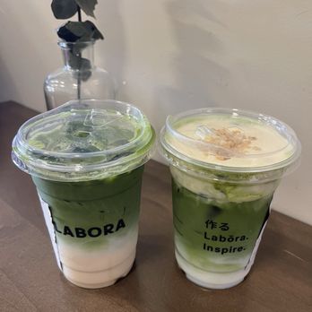 Labora - Earl grey matcha (left) and banana matcha (right) - Coffee & Tea Near Me - San Diego, California Labora - Earl grey matcha (left) and banana matcha (right) - Coffee & Tea Near Me - San Diego, California