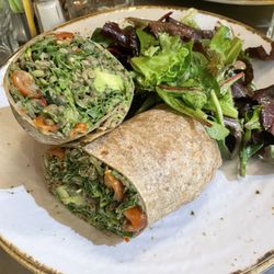 Wildly delicious vegan lentil wrap and house salad with citrus dressing.  Incredibly flavorful and big!