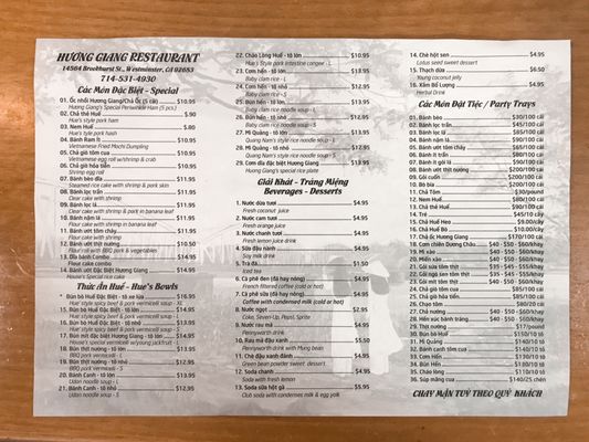 Menu photo 8 Huong Giang Restaurant Westminster, CA