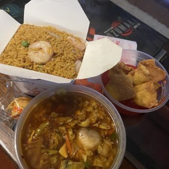 China Cafe - Left to right: - Crab Rangoon(4) $4.80 - Shrimp Fried Rice (pint) $7.50 - Hot and Sour Soup (pint) $3.95 - Chinese Near Me - Greensboro, North Carolina