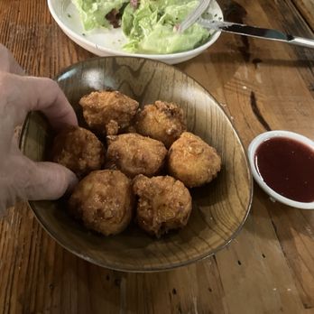 Spinning Bones - Corn fritters w strawberry jam! - New American Near Me - Alameda, California Spinning Bones - Corn fritters w strawberry jam! - New American Near Me - Alameda, California