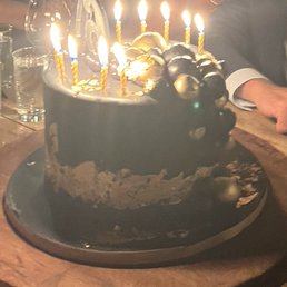 a birthday cake with lit candles