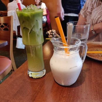 Mingalaba - Iced green tea and tapioca coconut drink. Green tea tasted strange (not like matcha), but the coconut drink was thick--a good dessert. - Burmese Near Me - Burlingame, California