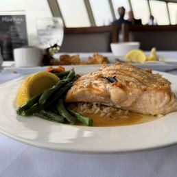 Salmon, rice, string beans, and sweet potatoes.