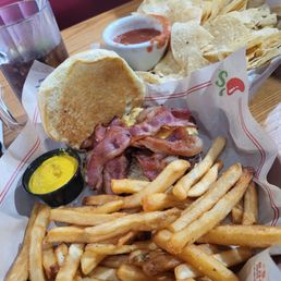 3 in one bacon cheeseburger, fries, and soda