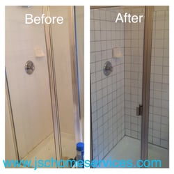 JSC Lawn Care & Handyman Services - Before and after! Installed new shower doors and pan. Also re grouted tile from white to gray.