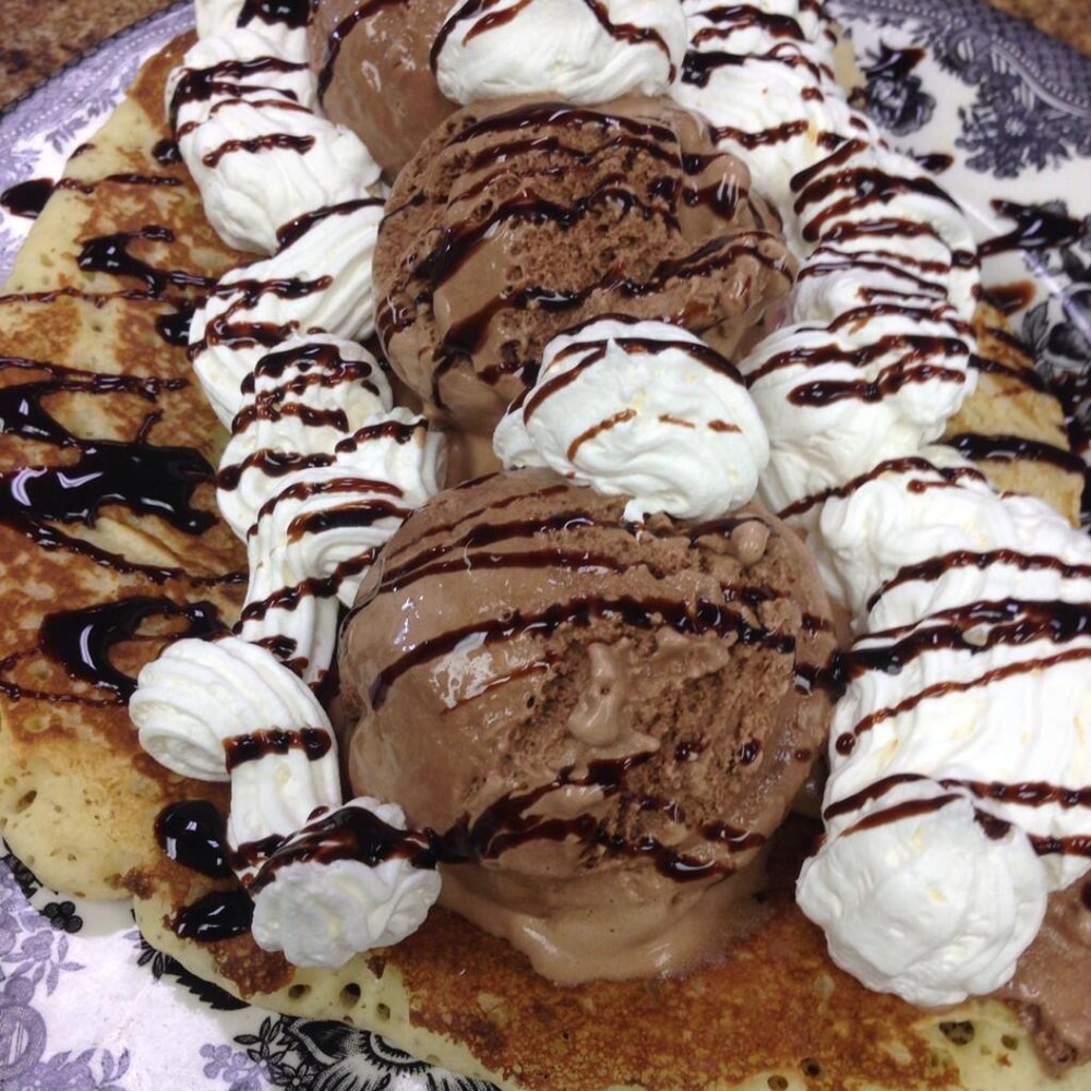 Blondie's Barn - Chocolate ice cream with whipped cream over buttermilk pancakes - Breakfast & Brunch Near Me - Haslett, Michigan Blondie's Barn - Chocolate ice cream with whipped cream over buttermilk pancakes - Breakfast & Brunch Near Me - Haslett, Michigan