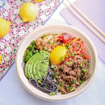 Moonbowls - a bowl of food with noodles, meat, avocado, and lemons - Korean Near Me - Culver City, California Moonbowls - a bowl of food with noodles, meat, avocado, and lemons - Korean Near Me - Culver City, California