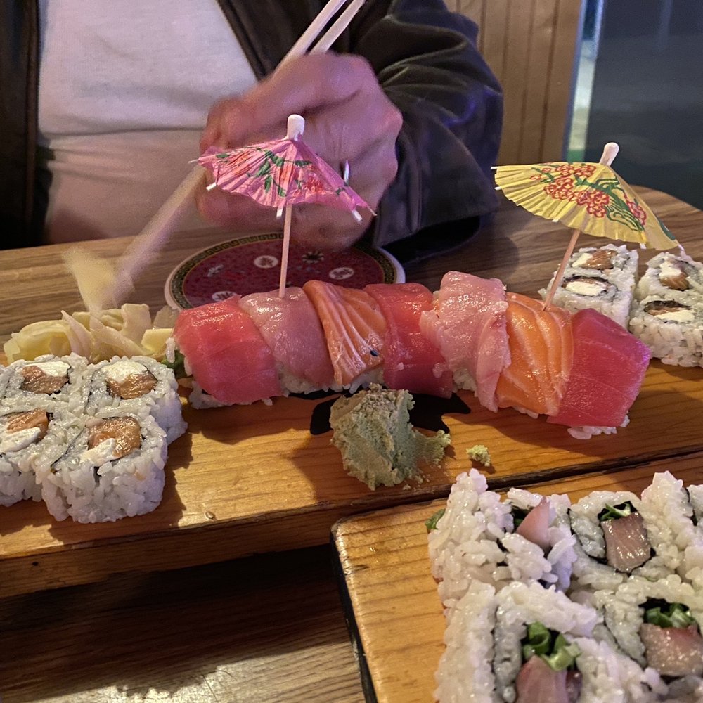 Rainbow roll, Philadelphia rolls and negihama roll. Rainbow roll, Philadelphia rolls and negihama roll.