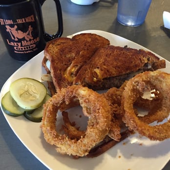 Lazy Moose Grille - Patty melt with substituted wild rice/cranberry bread and homemade onion rings. - Coffee & Tea Near Me - Moose Lake, Minnesota Lazy Moose Grille - Patty melt with substituted wild rice/cranberry bread and homemade onion rings. - Coffee & Tea Near Me - Moose Lake, Minnesota