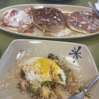 Snooze, an A.M. Eatery - Habanero Pork Belly Breakfast Fried Rice (Half Eaten Already, Sorry!) & Pancake Platter. - Breakfast & Brunch Near Me - Kyle, Texas
