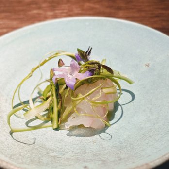 Commis - Halibut and asparagus with borage salt, sushi and grilled fish bone vinegar - New American Near Me - Oakland, California Commis - Halibut and asparagus with borage salt, sushi and grilled fish bone vinegar - New American Near Me - Oakland, California