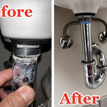 Mancia's Plumbing - Bathroom Sink P-Trap Replacement before and after pictures - Plumbing Near Me Mancia's Plumbing - Bathroom Sink P-Trap Replacement before and after pictures - Plumbing Near Me