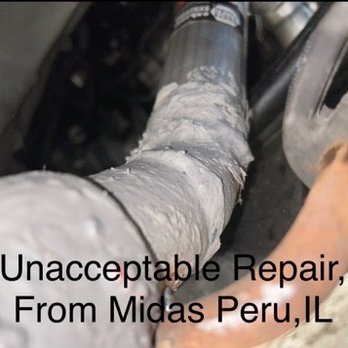 Midas - Close-up of a corroded and damaged pipe or hose, with visible wear and corrosion, accompanied by text about repair problems at Midas in Peru, IL. - Tires Near Me - Peru, Illinois