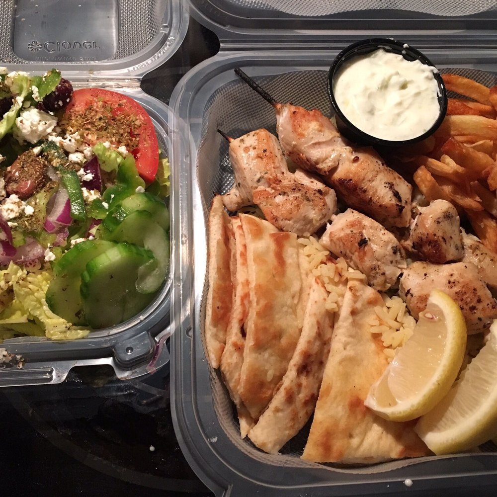 Keratsini Greek Kitchen - Chicken souvlaki with fries and side sala - Greek Near Me - Annapolis, Maryland