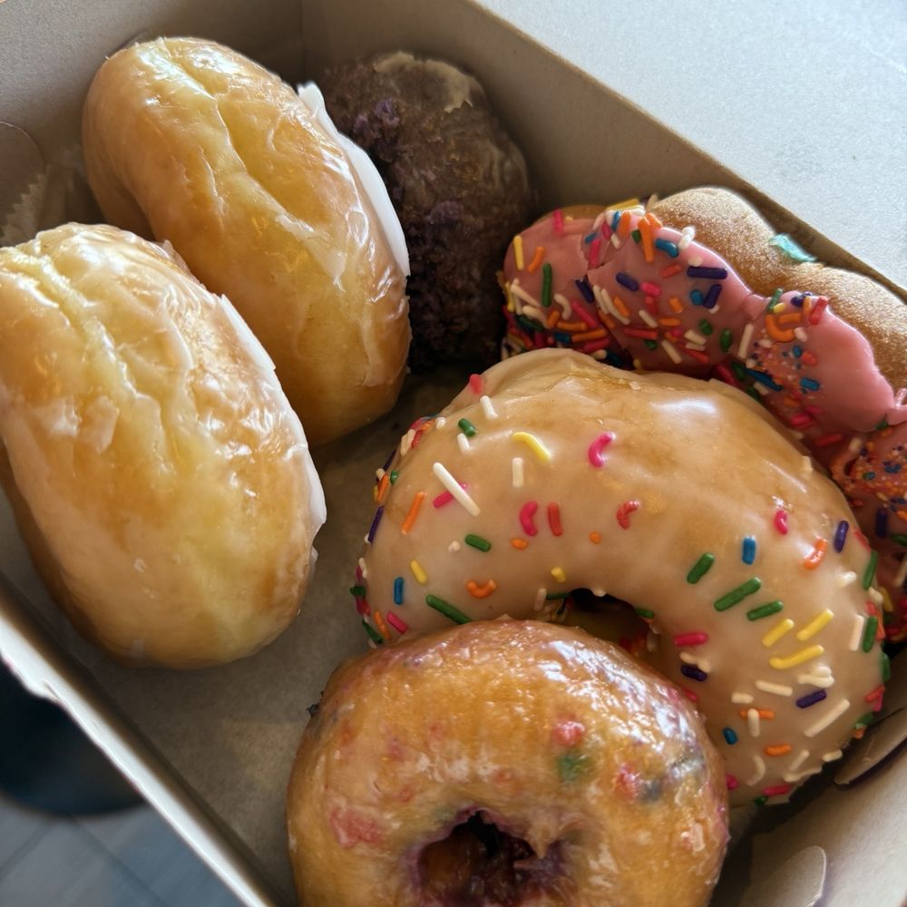 Dynamite Donuts - Strawberry mochi, ube cake, birthday cake, vanilla glaze, 2 extra regular glazed - Donuts Near Me - Hercules, California Dynamite Donuts - Strawberry mochi, ube cake, birthday cake, vanilla glaze, 2 extra regular glazed - Donuts Near Me - Hercules, California