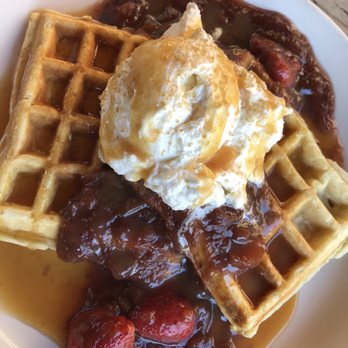 Lucky's Cafe - Waffles with rhubarb compote - Coffee & Tea Near Me - Cleveland, Ohio Lucky's Cafe - Waffles with rhubarb compote - Coffee & Tea Near Me - Cleveland, Ohio