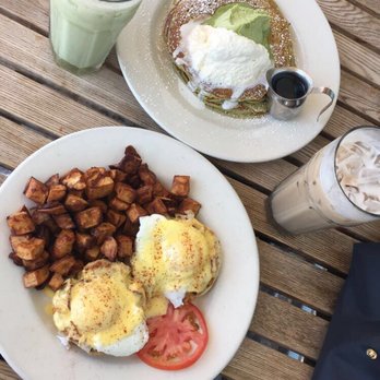 Bea Bea's - Green tea monster pancake & crab cake Benedict and two lattes (I recommend the green matcha latte) - Coffee & Tea Near Me - Burbank, California