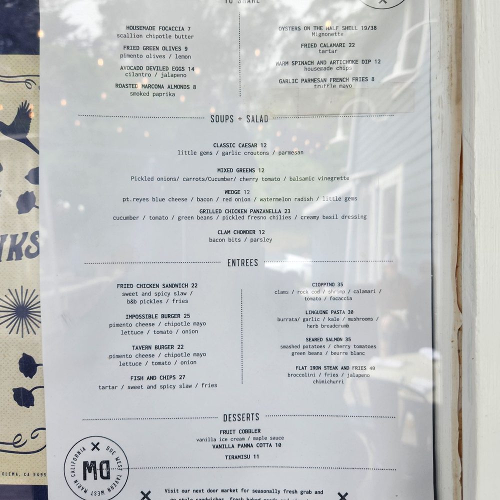 Due West Tavern - Menu dinner/dessert 5-28-2023 - Cocktail Bars Near Me - Olema, California
