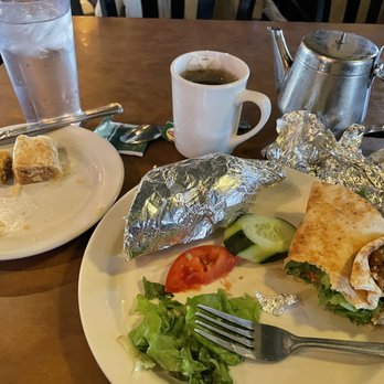 Aladdin's Natural Eatery - Falafel Pita Roll; Blakava & Hot Green Tea - Greek Near Me - Pittsford, New York Aladdin's Natural Eatery - Falafel Pita Roll; Blakava & Hot Green Tea - Greek Near Me - Pittsford, New York