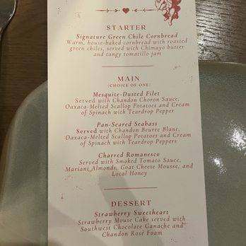 Yellowbell - Valentines Menu - A Valentine's Day menu from a restaurant offers a starter, two main options, and a dessert, with detailed descriptions of each dish. - Breakfast & Brunch Near Me - Phoenix, Arizona