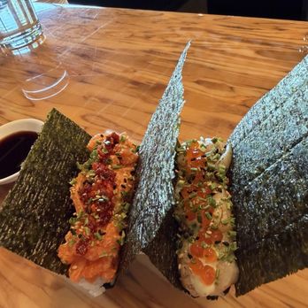 Kin Nori Bar - Spicy salmon and scallop temaki hand roll - Sushi Bars Near Me - Denver, Colorado Kin Nori Bar - Spicy salmon and scallop temaki hand roll - Sushi Bars Near Me - Denver, Colorado
