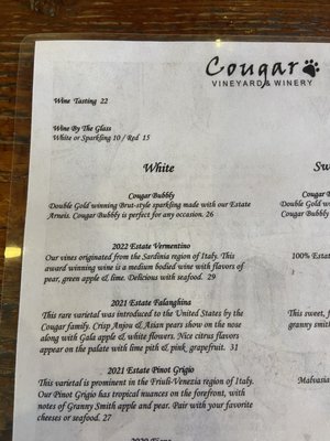 Menu photo 8 Cougar Vineyard & Winery Temecula, CA