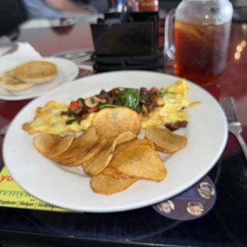 Good Day Cafe - Spinach Omelet with sausage added  and an English Muffin - Breakfast & Brunch Near Me - Arlington, Texas