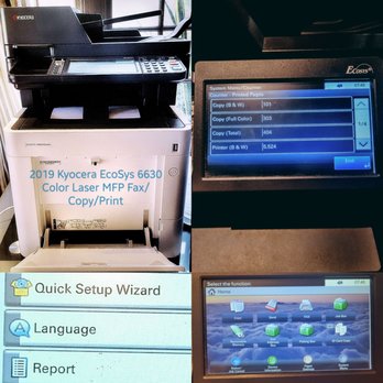 Effiservice - A Kyocera multifunction office copier with a control panel on top and a display screen showing print and copy options. Adjacent to it are two digital screens, one displaying print job details and the other showing various office device functions such as copy, send, fax, and job box. The setup is typical for office equipment used for printing, copying, and document management. - Office Equipment Near Me