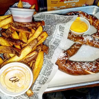 Link N Hops - Belgium fried with curry ketchup and Chipotle aoli. Soft pretzel with cheese. - Beer Bar Near Me - Los Angeles, California Link N Hops - Belgium fried with curry ketchup and Chipotle aoli. Soft pretzel with cheese. - Beer Bar Near Me - Los Angeles, California