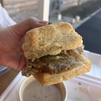 Bird Bird Biscuit - Huge Biscuit with chicken sausage patty - Breakfast & Brunch Near Me - Austin, Texas