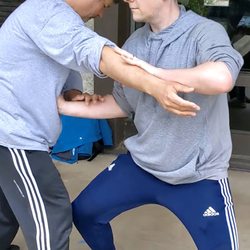 Five Styles School - Tai Chi partner training Pushing Hands (Tui Shou). This trains sensitivity and timing for applying the martial techniques of Tai Chi