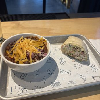 Common Block Brewing Company - Klamath Falls - Turkey wrap (Half had already disappeared) and a bowl of black bean chili - Brewpubs Near Me - Klamath Falls, Oregon Common Block Brewing Company - Klamath Falls - Turkey wrap (Half had already disappeared) and a bowl of black bean chili - Brewpubs Near Me - Klamath Falls, Oregon