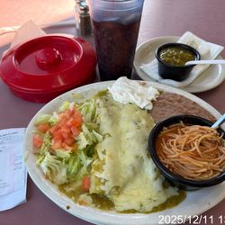 Thursday 2 chicken enchiladas verde plate (fideo instead of rice) corn tortillas covered but delicious. Reasonably priced meal.