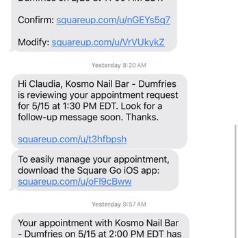 Kosmo Nail Bar - Screenshot showing the date and  time of my appointment - Nail Technicians Near Me - Dumfries, Virginia