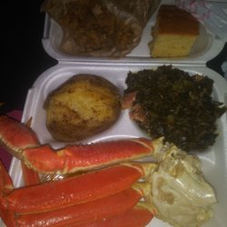 Leslie's True Soul Food - Crableg dinner with greens, cornbread and baked potatoe