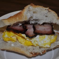Shelly's Farm - Late night snacking suggestion: Shelly's fresh egg w/ thin sliced pork belly on fresh Acme Pan Epi