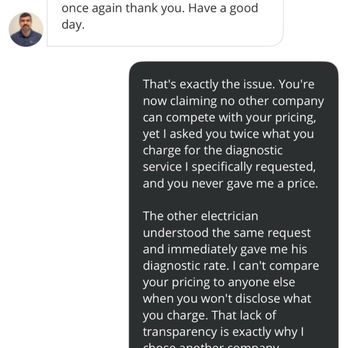 Villa Electric - Full conversation showing my repeated requests for diagnostic pricing and Villa Electric's responses. - Electricians Near Me